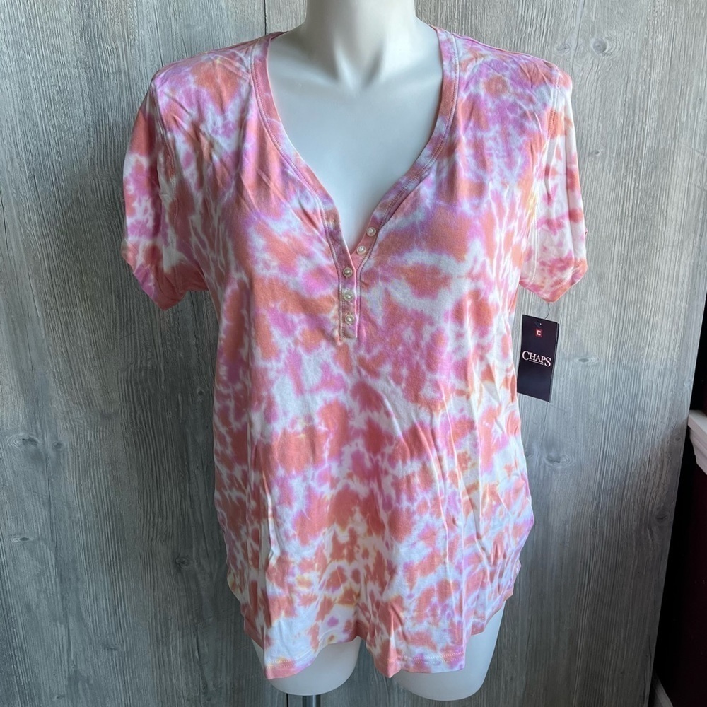 NWT Chaps woman’s button up v neck 100% cotton tie dye tee 1X